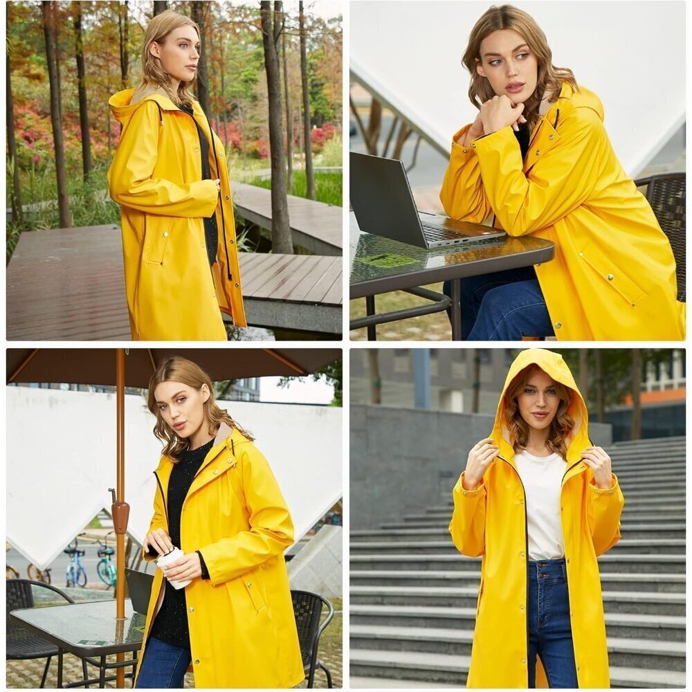 Women Yellow Fleece Long Hooded Waterproof Rain Windbreaker Trench Coat Outdoor - Picture 5 of 5
